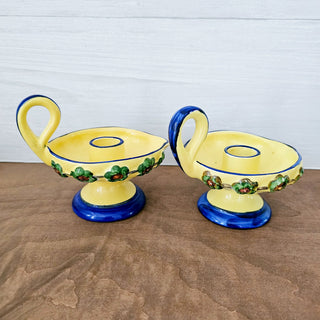 Vintage Erphila Art Pottery Hand Painted Yellow & Blue Candle Holder Set of 2