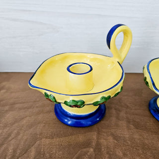 Vintage Erphila Art Pottery Hand Painted Yellow & Blue Candle Holder Set of 2