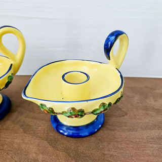 Vintage Erphila Art Pottery Hand Painted Yellow & Blue Candle Holder Set of 2