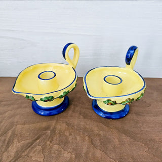 Vintage Erphila Art Pottery Hand Painted Yellow & Blue Candle Holder Set of 2