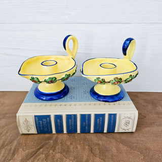 Vintage Erphila Art Pottery Hand Painted Yellow & Blue Candle Holder Set of 2