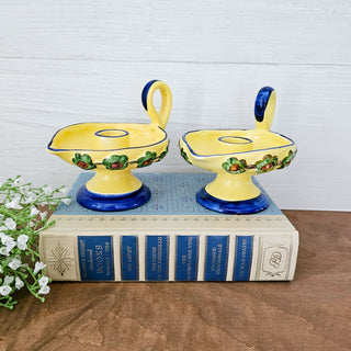 Vintage Erphila Art Pottery Hand Painted Yellow & Blue Candle Holder Set of 2