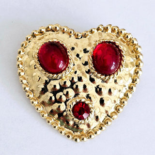 Vintage Gold Tone Red Glass Cabochon Heart Brooch Unsigned