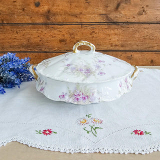 Vintage Theodore Haviland Limoges Purple Flower Lidded Dish Vegetable Bowl