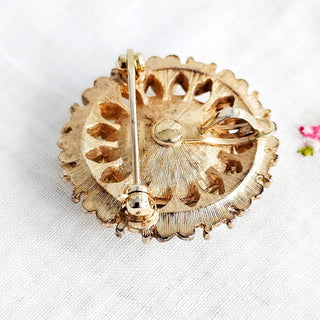 Avon Sun Brilliants Citrine Heart Green Gold Tone Round Brooch Pin Pendant