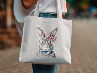 Cute Rabbit Print Tote Bag | Canvas Shoulder Bag with Glasses Bunny Art | Unique Gift for Her | Eco-friendly Reusable Bag