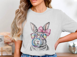 Women's Fashion T-Shirt, Cute Rabbit with Glasses Print, Casual Grey Tee, Rabbit Lover Gift, Trendy Animal Graphic Top