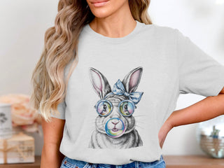 Women's Cute Rabbit Print T-Shirt, Casual Grey Tee with Hipster Bunny Illustration, Stylish Animal Graphic Top