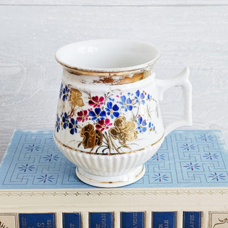 Antique Porcelain Hand Painted Red and Blue Floral & Gold Coffee Cup