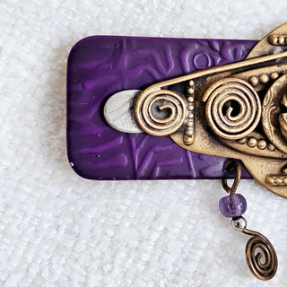 Brass Tone Purple Sandstone Glass Bead Charm Geometric Brooch Unsigned