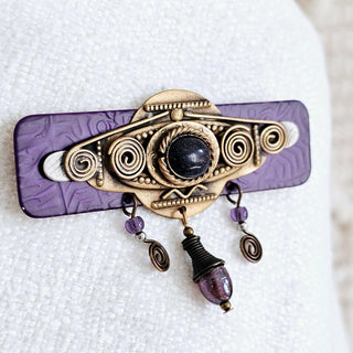 Brass Tone Purple Sandstone Glass Bead Charm Geometric Brooch Unsigned