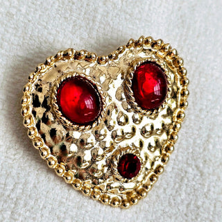 Vintage Gold Tone Red Glass Cabochon Heart Brooch Unsigned