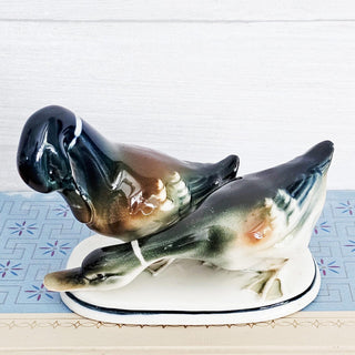 Vintage Two Mallard Ducks Ceramic Figurine Green Brown and Cream