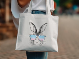 Stylish Rabbit Print Tote Bag, Hipster Bunny with Sunglasses, Eco-friendly Cotton Shopping Bag, Trendy Animal Design