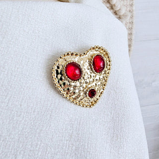 Vintage Gold Tone Red Glass Cabochon Heart Brooch Unsigned